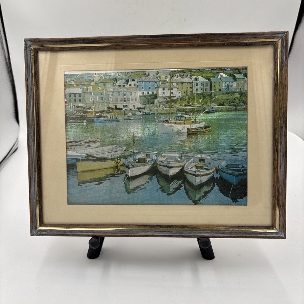 Vtg. Boat Harbot Scene Foil Dufex Print c. 1950s-60s  Approx. 9x12"